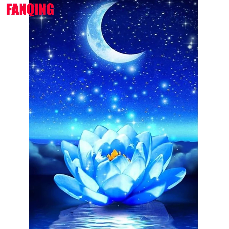 

5D алмазная живопись, голубая луна-Лотос, пейзаж, наклейка, алмазная Вышивка крестиком, декоративная живопись, Полный алмаз