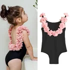 Слитный купальник для девочек, черный, с оборками и цветочным принтом, с открытой спиной, От 1 до 5 лет