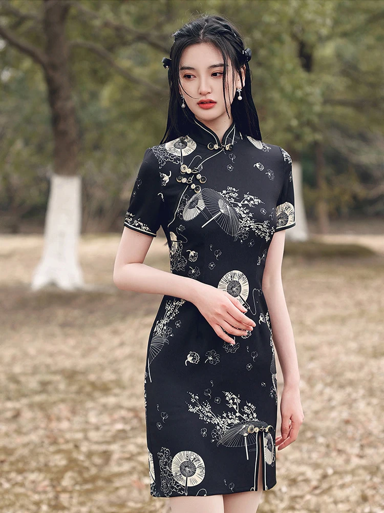 

Women Black Cheongsam Vintage Dress Chinese Style Short Qipao