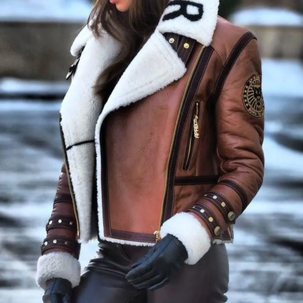 

Прямая стандартная Женская куртка на молнии, утепленная Лоскутная куртка из искусственного меха с лацканами, свободная повседневная Празд...