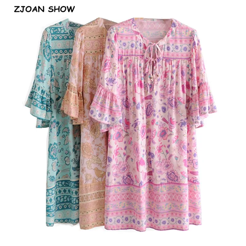 

Богемное короткое платье с воротником на пуговицах и длинным рукавом с цветочным принтом, женские праздничные платья Бохо в стиле хиппи с р...