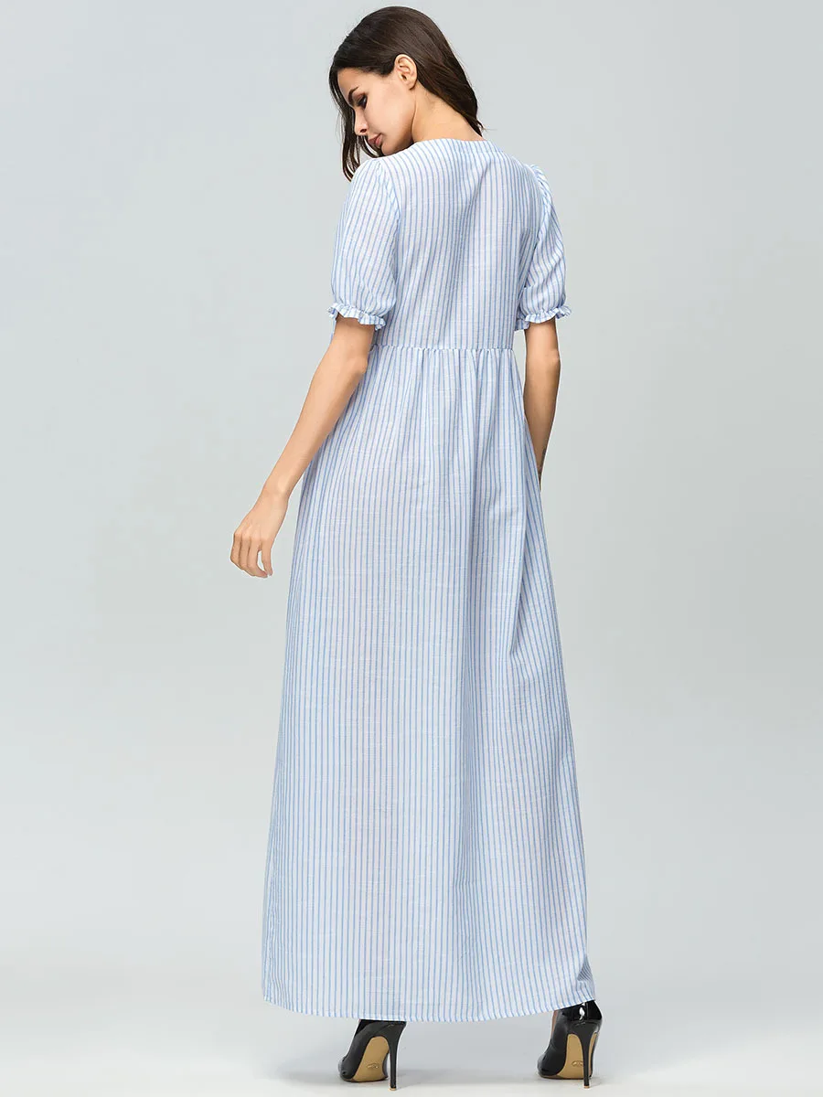 

women floral printed maxi dress short sleeve robe striped gown Eid Ramadan kaftan Islamic muslim abaya Jubah Djellaba