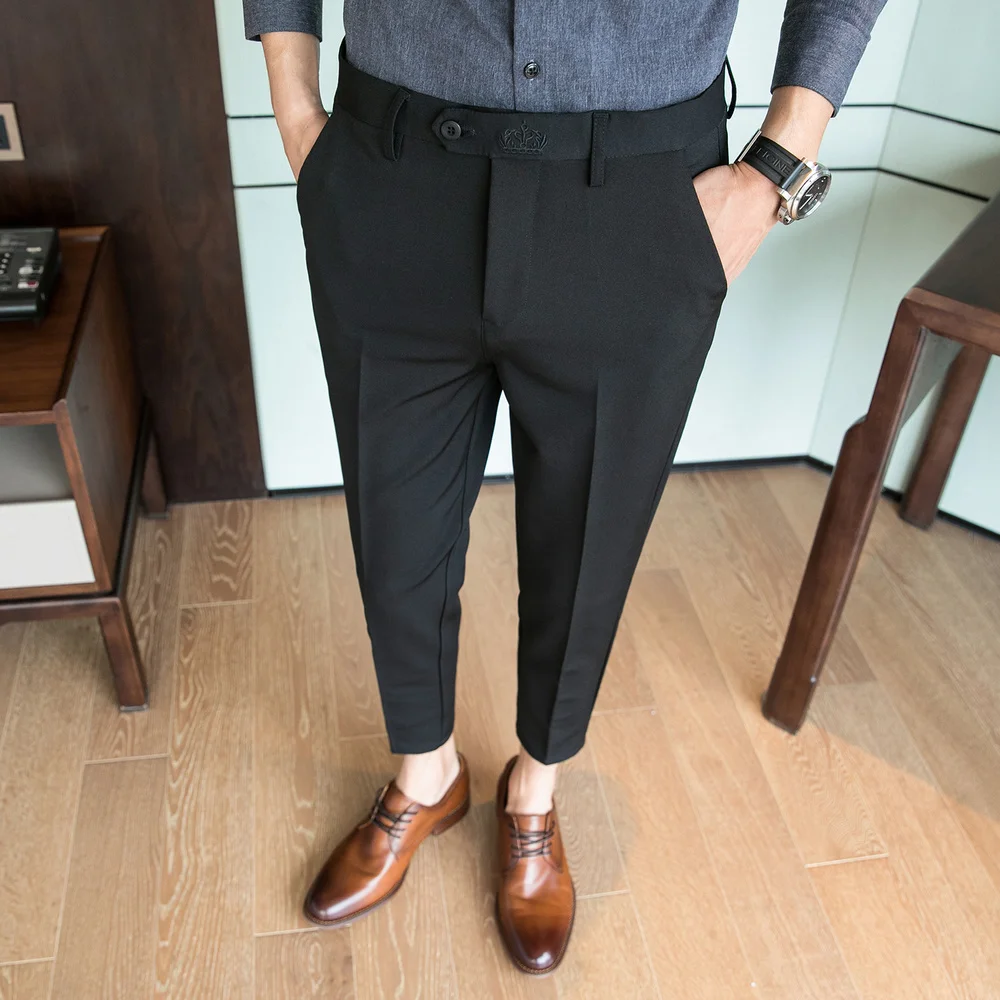 

Solid Color Ankle Length Business Dress Pant for Men Office Social Streetwear Casual Pants 2021 Slim Fit Trousers Pantalon Homme