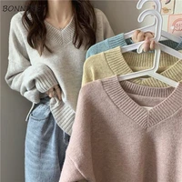 pullovers women daily bf female sweater v neck sweet classic pure simple basic ulzzang college knitted long sleeve soft hot sale