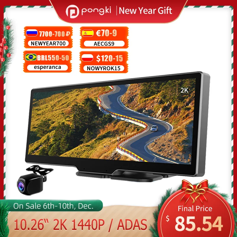 

Pongki Q92 10.26'' Dash Cam 2K 1440P Dual Lens ADAS BSD Night Vision Car Dvr 24H Parking Monitoring Camera Driving Recorder