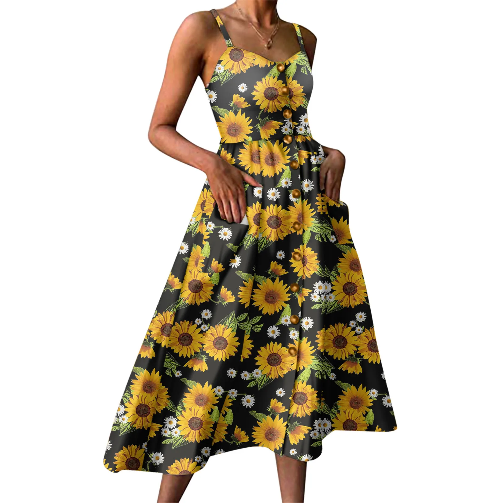 

Dresses For Women 2021 Summer Sunflower Printing Button Down Swing Pockets Dress Female Loose Daily Maxi Dress robe femme