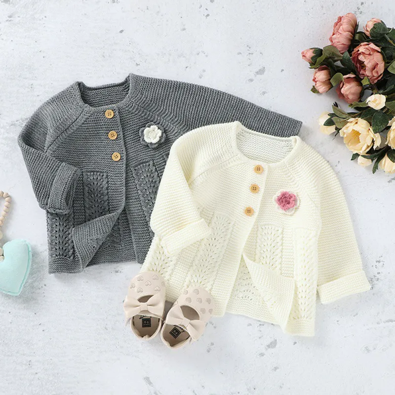 

2022 Children Kids Coat O-Neck Full Sleeve Lengt Sweater Autumn Baby Girl Flowers Hollow Design Cardigan