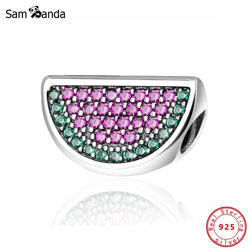 

Original 100% 925 Sterling Silver Bead Charm Pave Watermelon Charms Red Green CZ Summer Time Fit Bracelets Women Jewelry