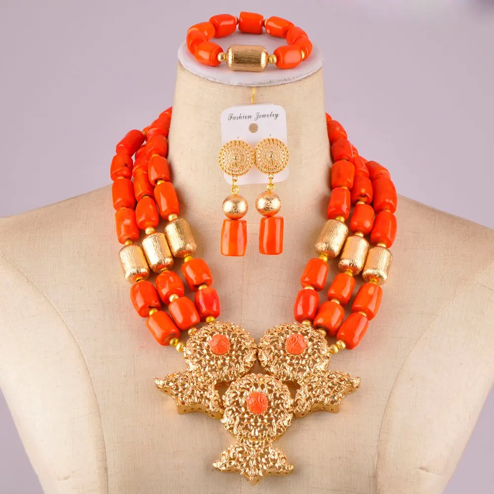 

Красивое ожерелье из нигерийских апельсиновых коралловых бусин, свадебное ожерелье в африканском стиле, набор ювелирных изделий