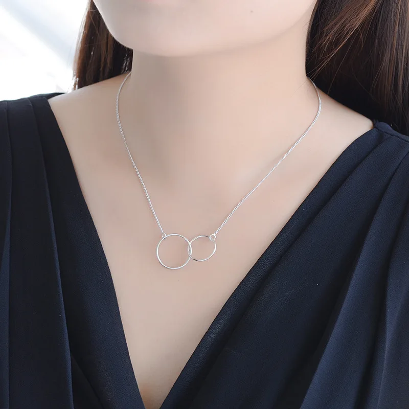 Женское ожерелье из серебра 925 пробы с кулоном в виде двух колец|Ожерелья| |
