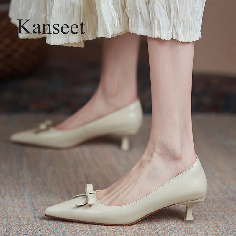 

Kanseet Thin Heels Genuine Leather Shoes 2021 Spring Autumn New Butterfly-Knot Decoration Shallow Woman Pumps Mid Heels Shoes