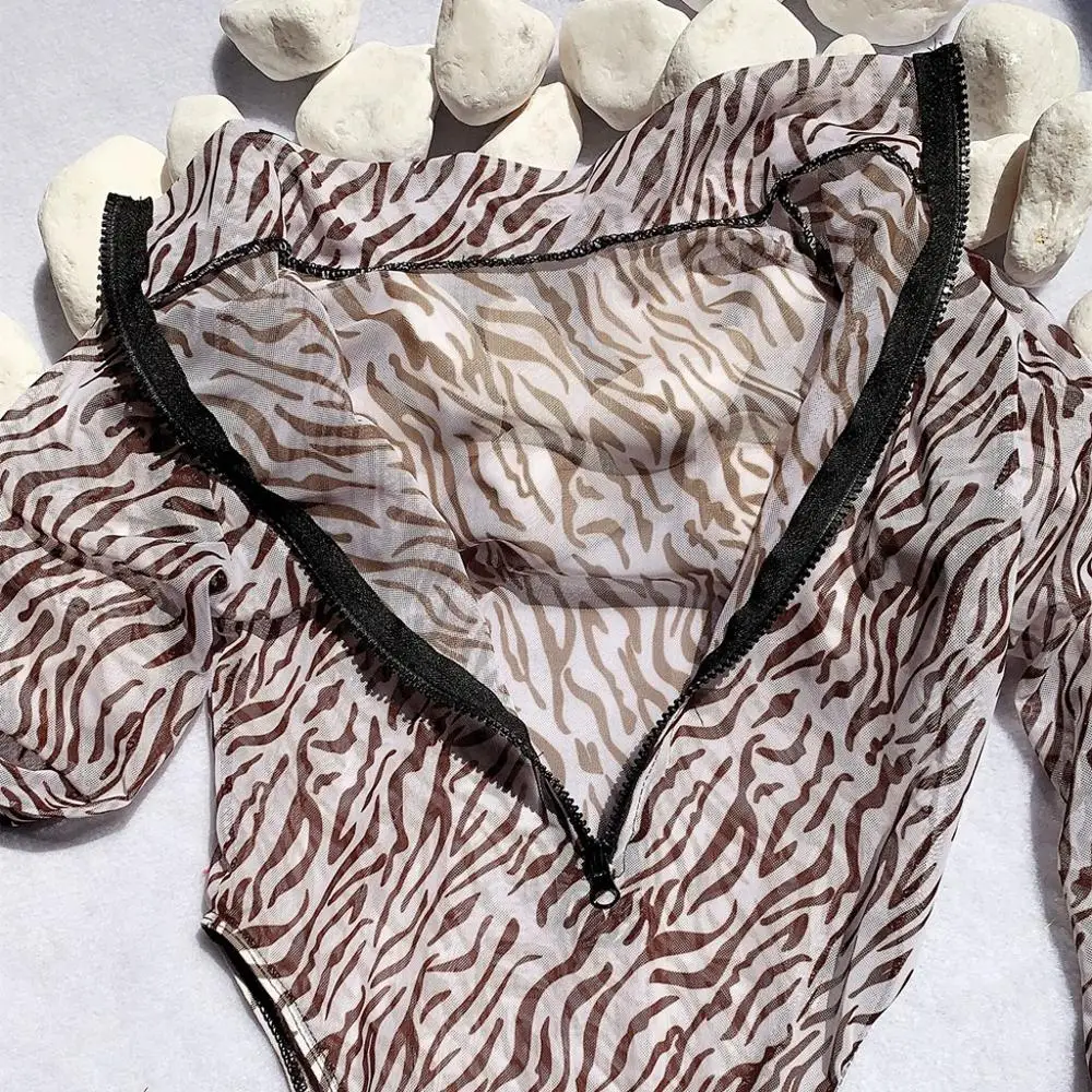 Women Three-Piece Leopard Mesh Bandage Bikini Set Sexy Zipper Swimwear Bodysuit 2020 Summer Beachsuit For Female New Fashion | Спорт и