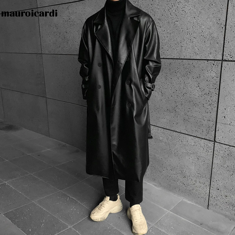Mauroicardi Spring Autumn Long Black Oversized Faux Leather Trench Coat Men 2022 Drop Shoulder Belt Faux Leather Coats for Men