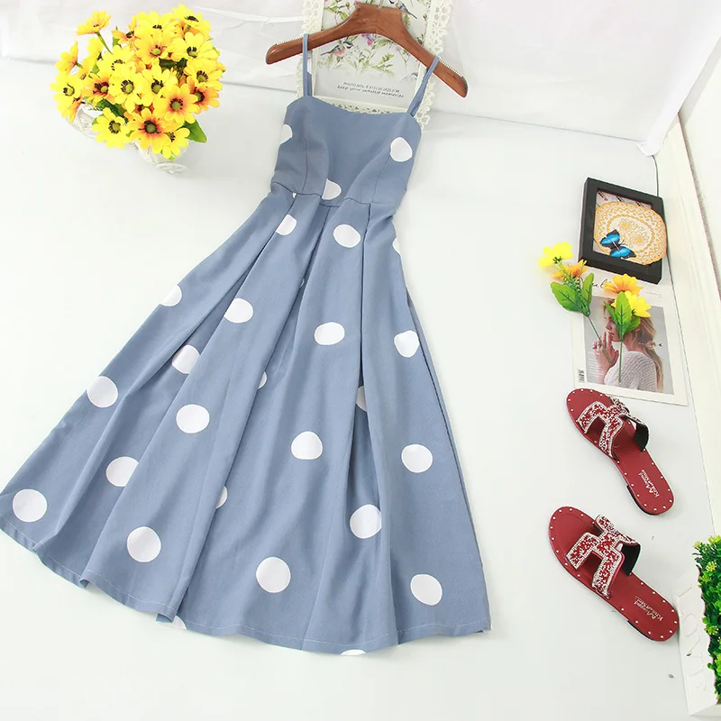 Women Polka Dot Chiffon Long Dress Sexy Spaghetti Strap Backless Vintage Party Female High Waist Elegant Dresses | Женская одежда
