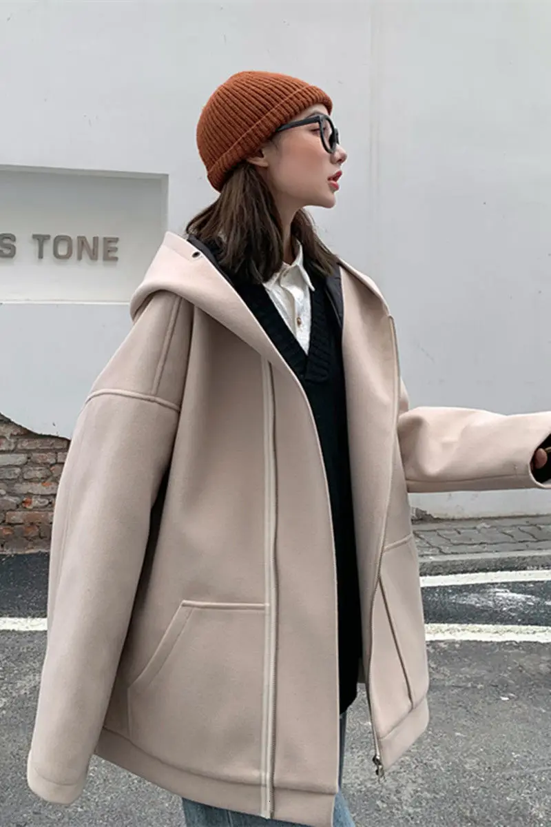 

2020 Winter New Youth Popular Korean Couple Loose Solid Color Hooded Woolen Coat Fashion Casual Top Beige/Black/Gray S-2XL