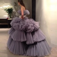 amazing 2022 new prom dresses ball gown tiered ruffled tulle purple unique evening dress strapless celebrity pageant gowns
