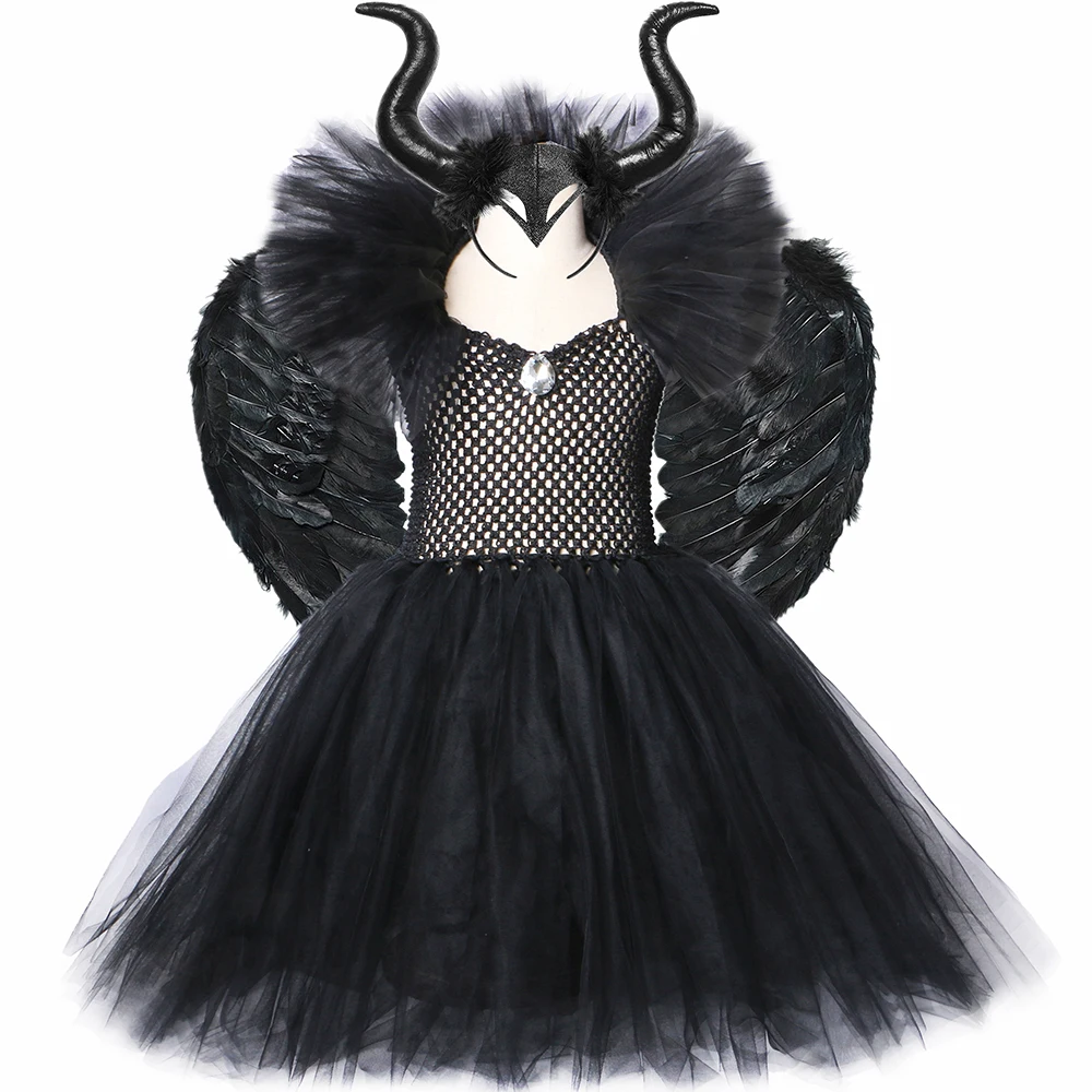 Schwarz Mädchen Malefice Tutu Kleid Halloween Kostüm für Kinder Bösen Dark Königin Hexe Cosplay Kleidung Kinder Phantasie Tüll Kleid 1-12