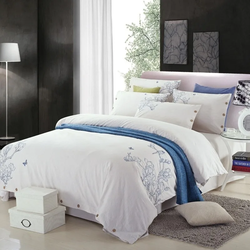 

Embroidered Off white Duvet Cover with Button Queen King size 100% Washed Cotton Ultra Soft Bedding set Bed Sheet Pillowcases