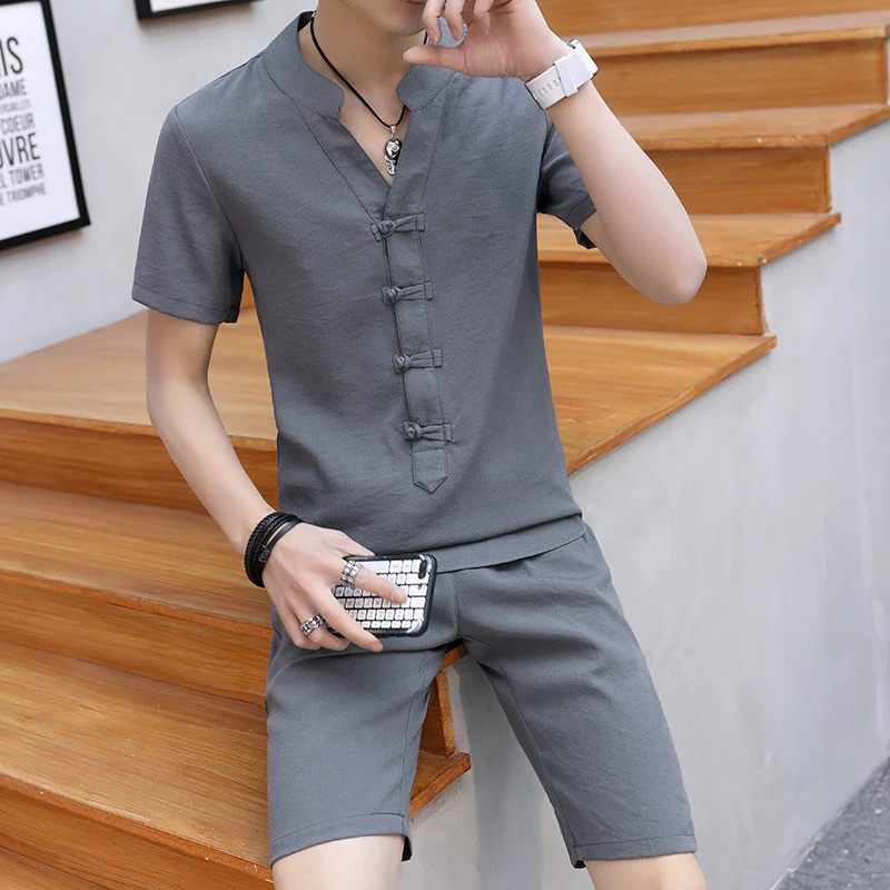 Summer Clothes Men 2 Pieces Sets VogueShorts And Short-sleeved Buckle T Shirt Men Breathable Slim Fit V Neck Linen Suits