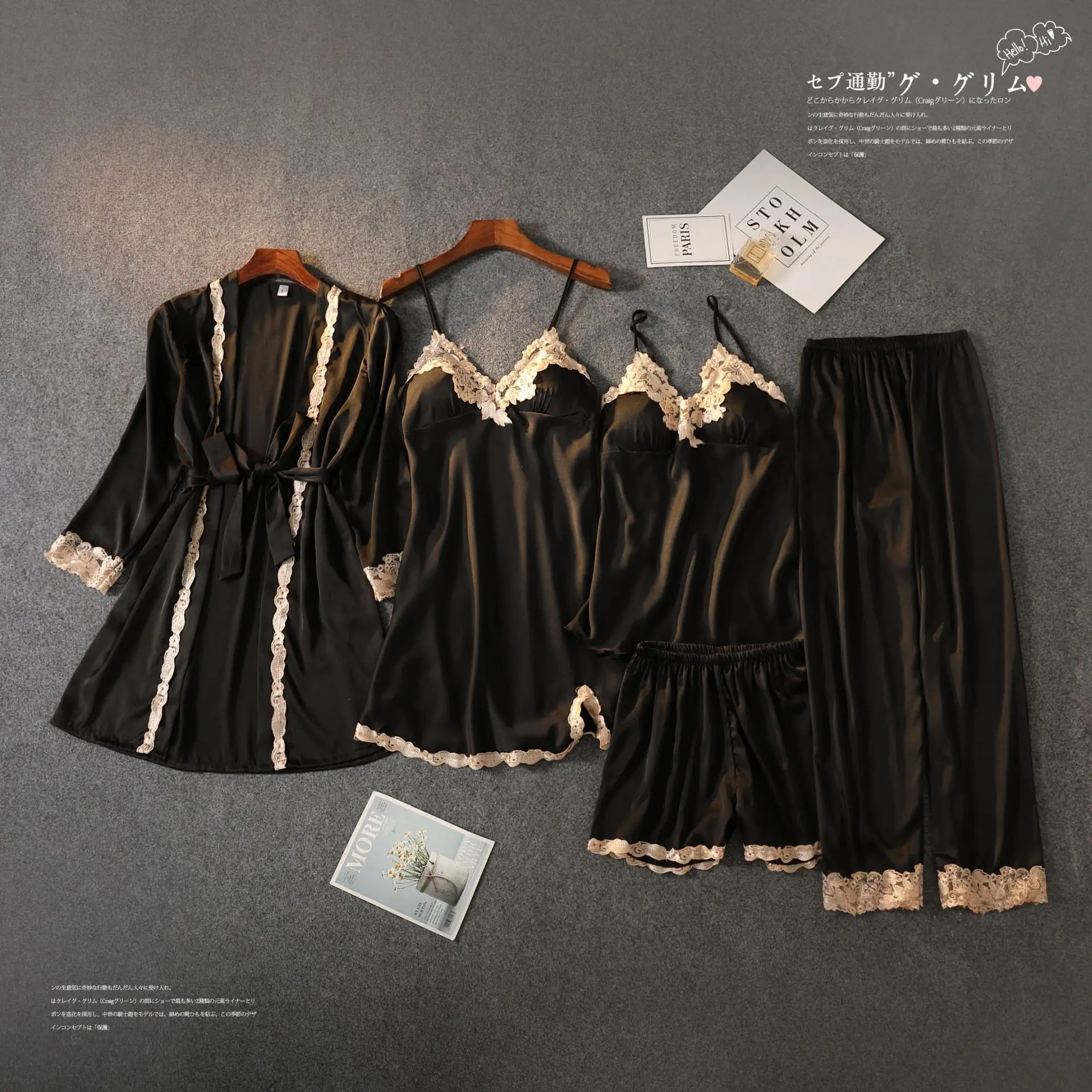 

Satin 5PCS Robe Suit Women Sexy Kimono Bathrobe Gown Nightgown Lace Patchwork Sleepwear Nightwear Casual Intimate Lingerie