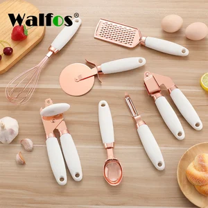 walfos 7 pcs kitchen gadget set copper coated stainless steel utensils with soft touch rose gold garlic press pizza cutter free global shipping