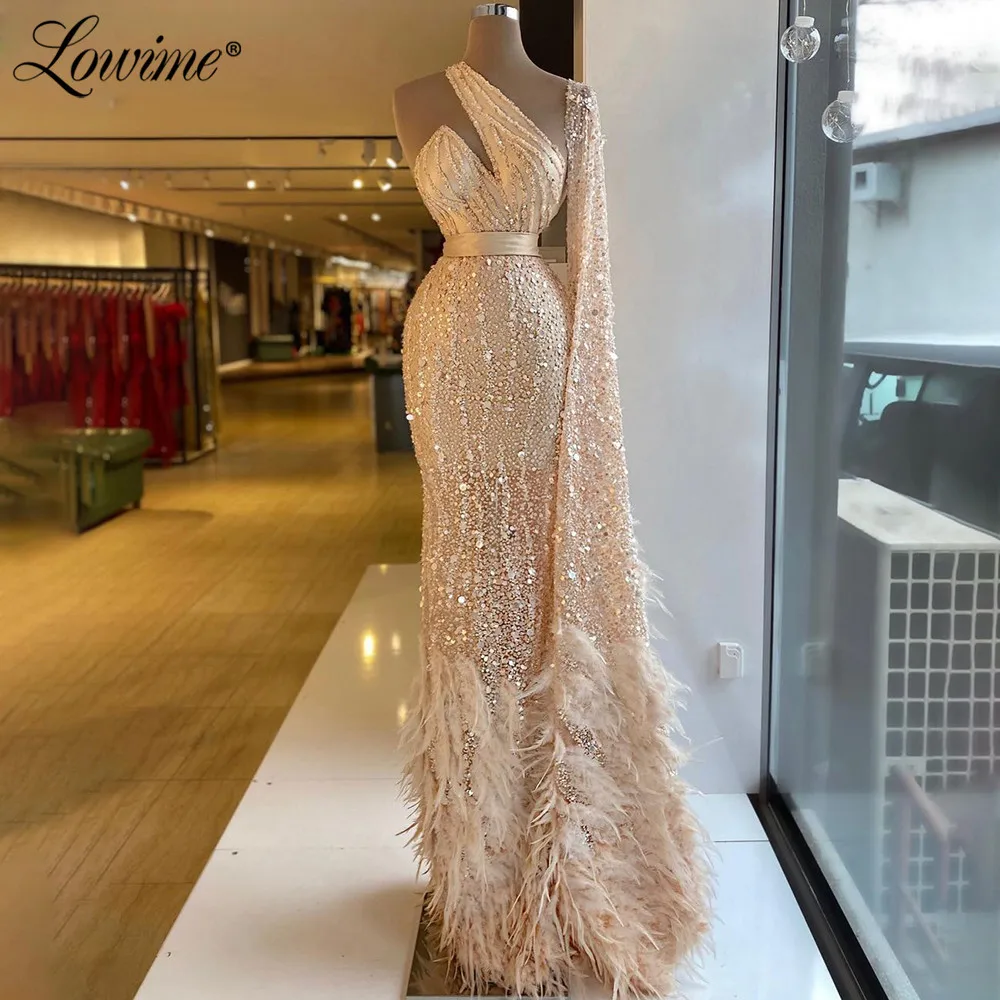

Lowime Feathers Long Party Dresses Formal Dubai Evening Gowns Sequin Beading Elegant Celebrity Prom Dress Arabic Middle East
