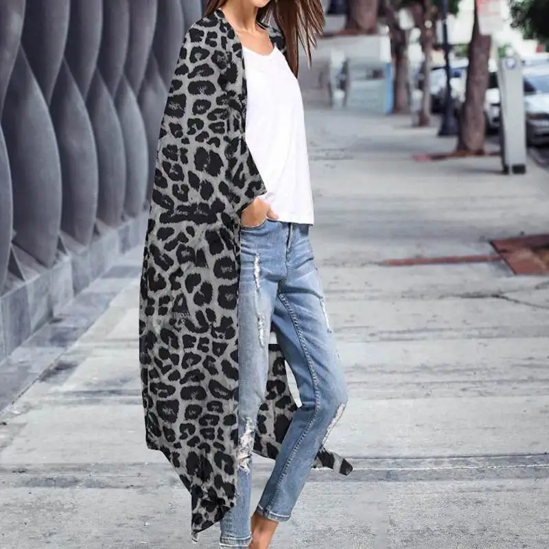 

Spring Women Vintage Kimono Trench Sexy Leopard Print Long Sleeve Outerwear Casual Beach Thin Windbreaker