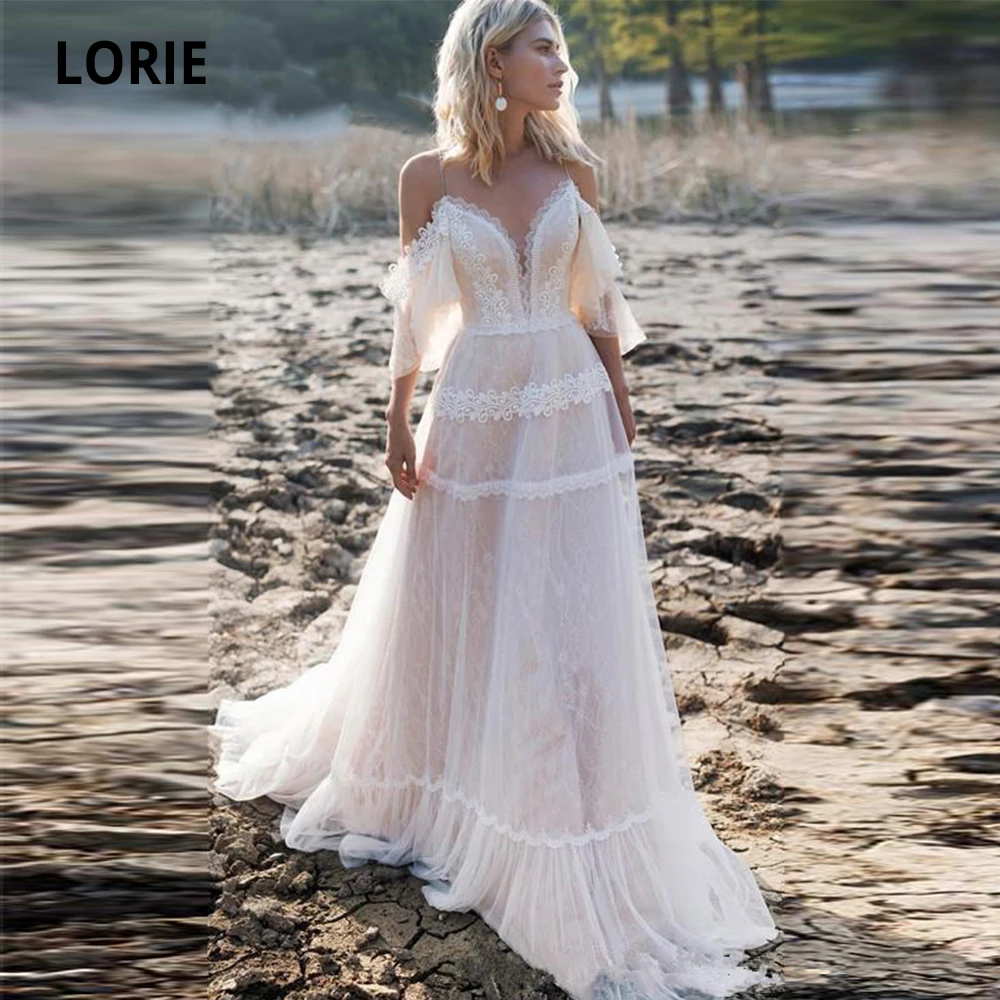 LORIE Bohemian Wedding Dresses 2020 Off Shoulder A Line Lace Appliqued Boho Gowns Lacing Plus Size Beach Bridal | Свадьбы и
