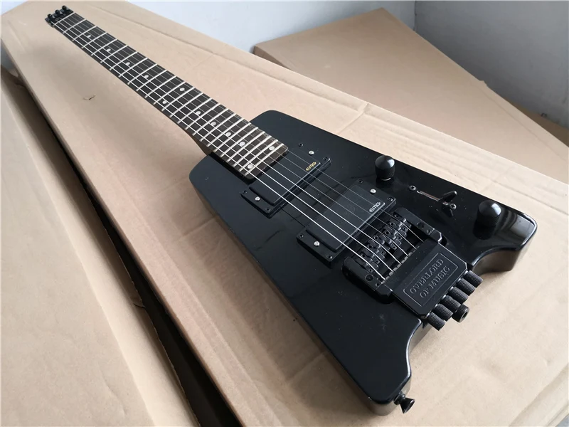

Пользовательская 6-струнная черная гитара, гитара без головы, 24 лада, искусственная кожа, Черный мост, корпус из липы, зубчатая фингерборд