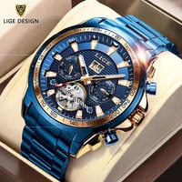 lige new 10bar waterproof mens watches automatic mechanical watch for men blue luxury full steel wristwatch sport date clock