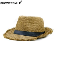 showersmile brand khaki straw hat men panama caps summer style sun hat beach holiday classic male hats and caps mens trilby hats