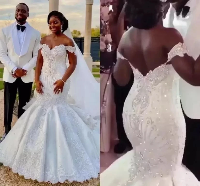 

Modern African Mermaid Wedding Off Shoulder Backless Bridal Gown Major Beading Crystals Appliques Pleats Beautiful Dress