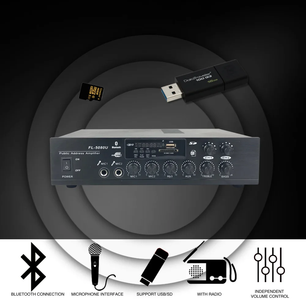 FL-5080U 80 Вт 2 зоны усилитель bluetooth усилитель мощности мини-усилитель звука bluetooth система общественного адреса