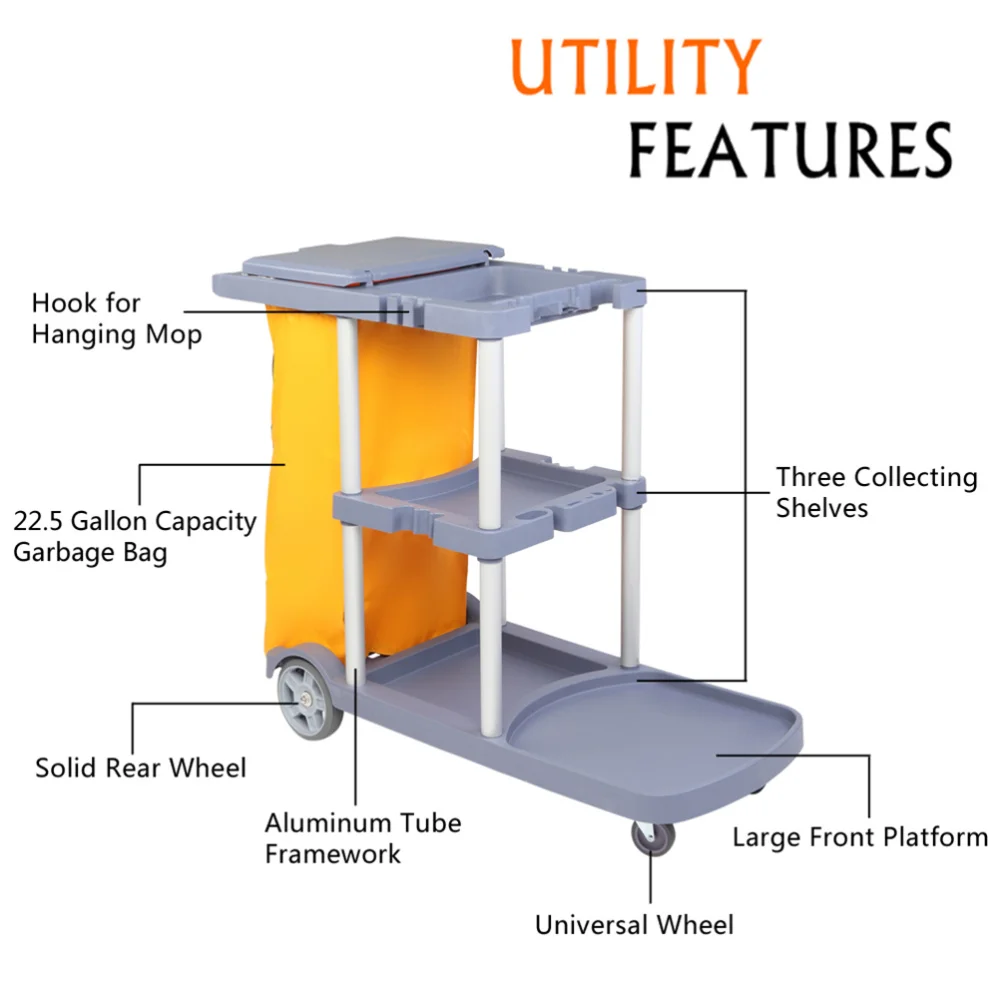 

Silent Roller Wheel Janitorial Cart Commercial Housekeeping Cart with Cover Zipper Canvas Bag (Yellow Grey)