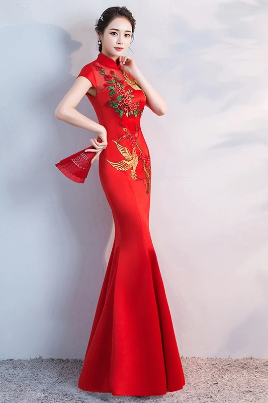 Красные женские длинные вечерние платья русалки Cheongsam в китайском стиле с