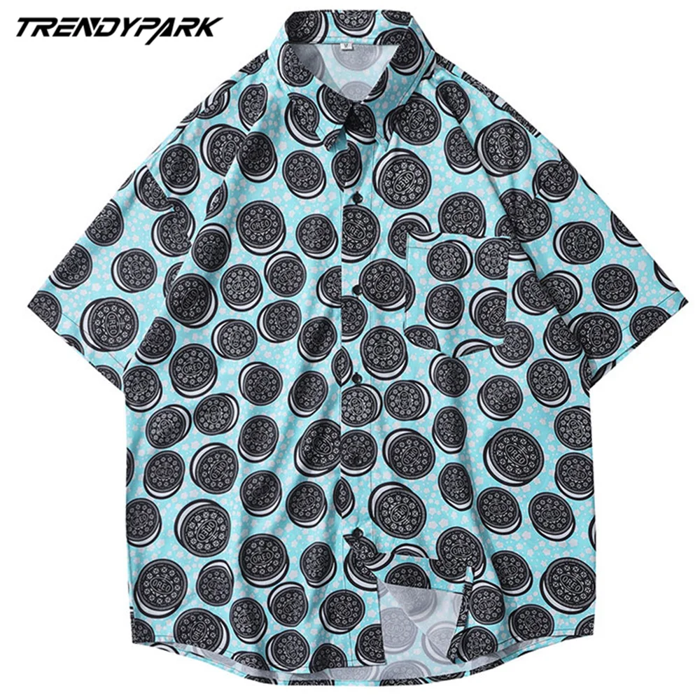 

2021 Men's Summer Fashion Shirts Sandwich Biscuit Printed Casual Short Sleeve Pocket Tops Loose Casual Blue Shirt Tops