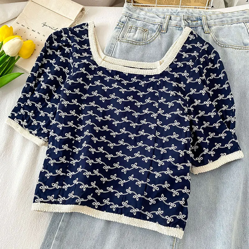 Vintage Embroidery Blue Short T-shirt Top Women 2021 Summer Fashion French Cute Crop Top Printed Short Sleeve T-shirt Casual Tee