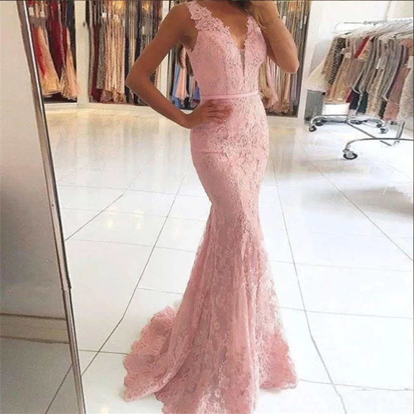 

NUOXIFANG Vestidos De Fiesta Largos De Gala 2020 Elegant V-Neck Illusion Back Mermaid Evening Dress Pink Lace Long Prom Dresses