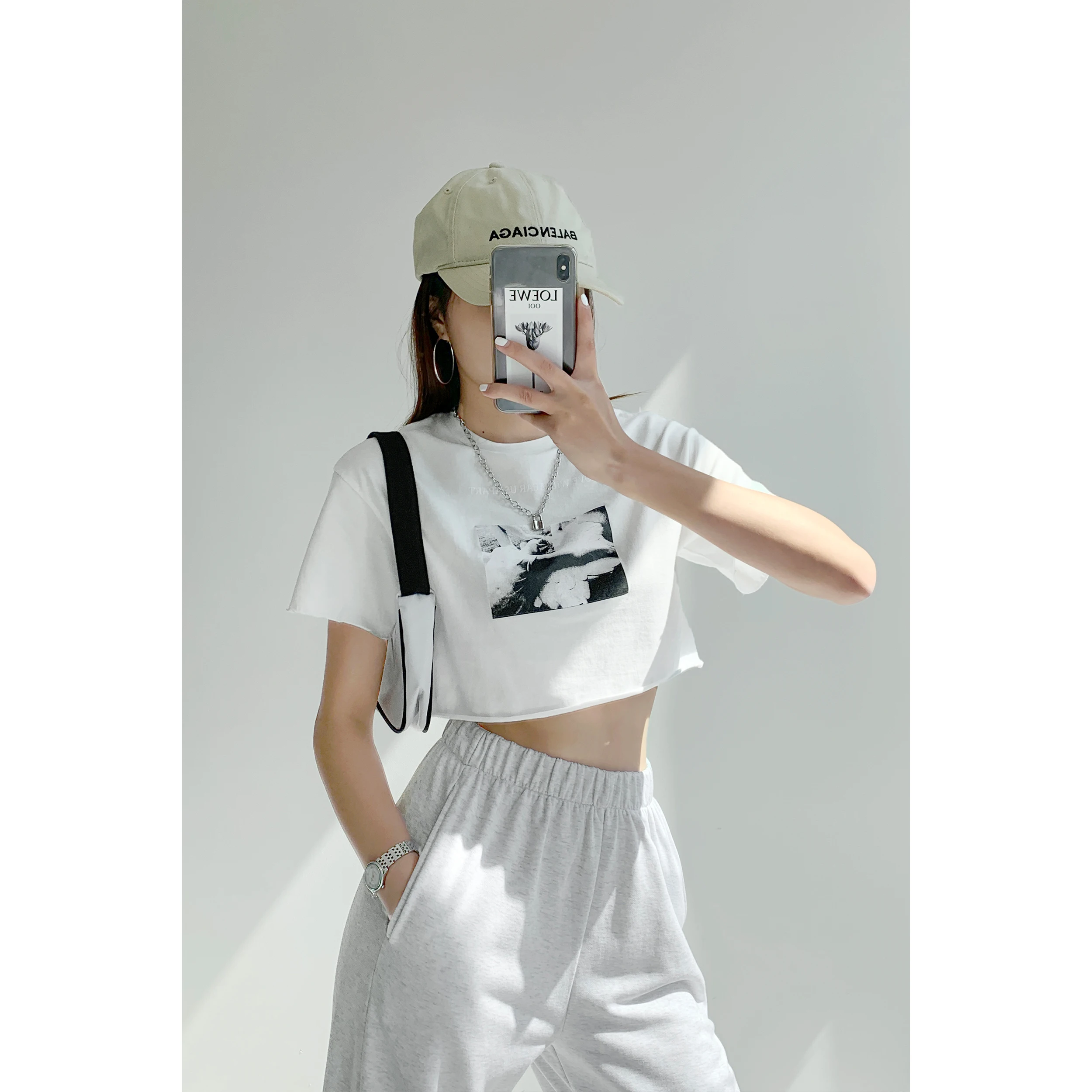 

Old Print Short Open Navel Top Women's Short Sleeve Round Neck American Loose Sleeve Sexy Curly T-shirt