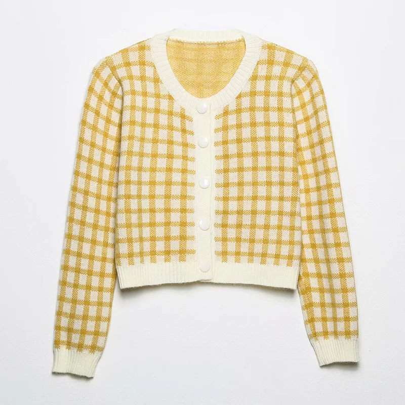 

2021 Fall New Women Clothing European and American Style Retro Loose Short Long-sleeved Plaid Sweater Knitted Cardigan