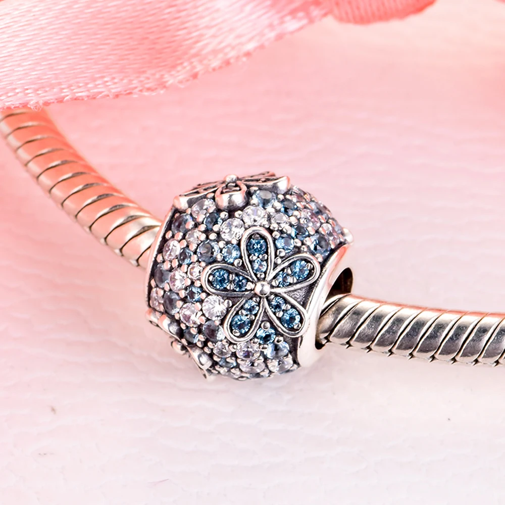 

925 Sterling Silver Teal Pave Daisy Flower Charm Beads Fit Original Pamura Bracelet Bangle For Women Jewelry Gift
