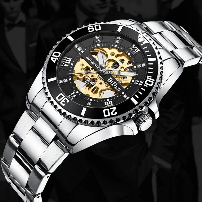 

BIDEN Automatic Mechanical Waterproof Man's Wristwatches Fashion Hollow Design Hardlex Mirror Watch Men