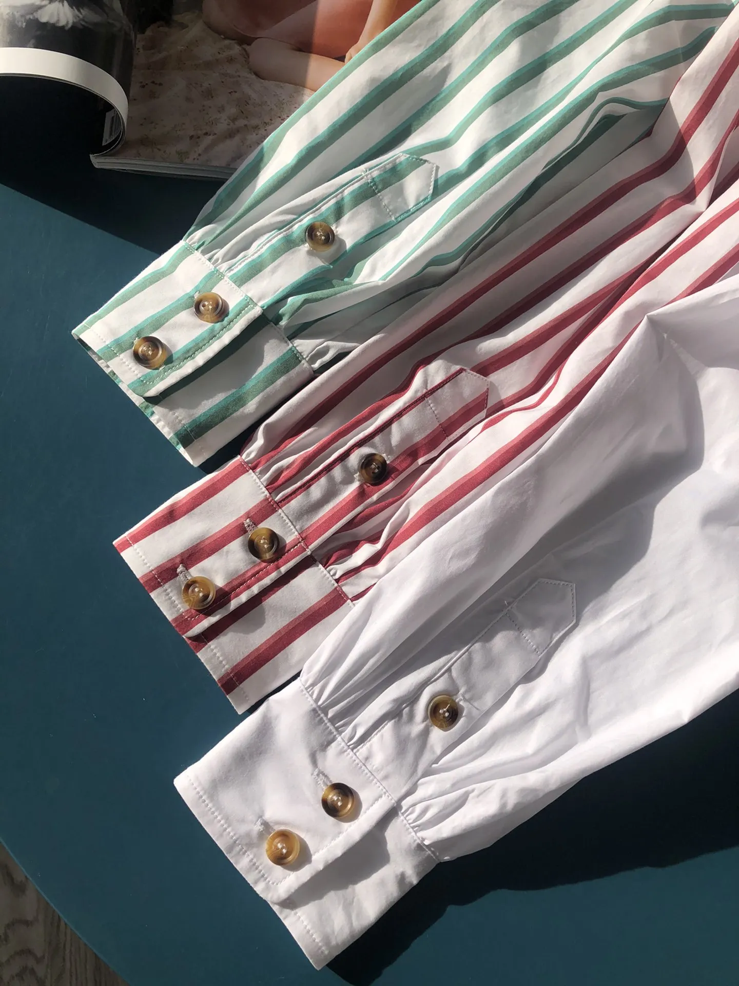 

Women Long Sleeve Cotton Shirt Stripe Peter Pan Collar Blouses White Pink Green Single Breasted Sweet Tops