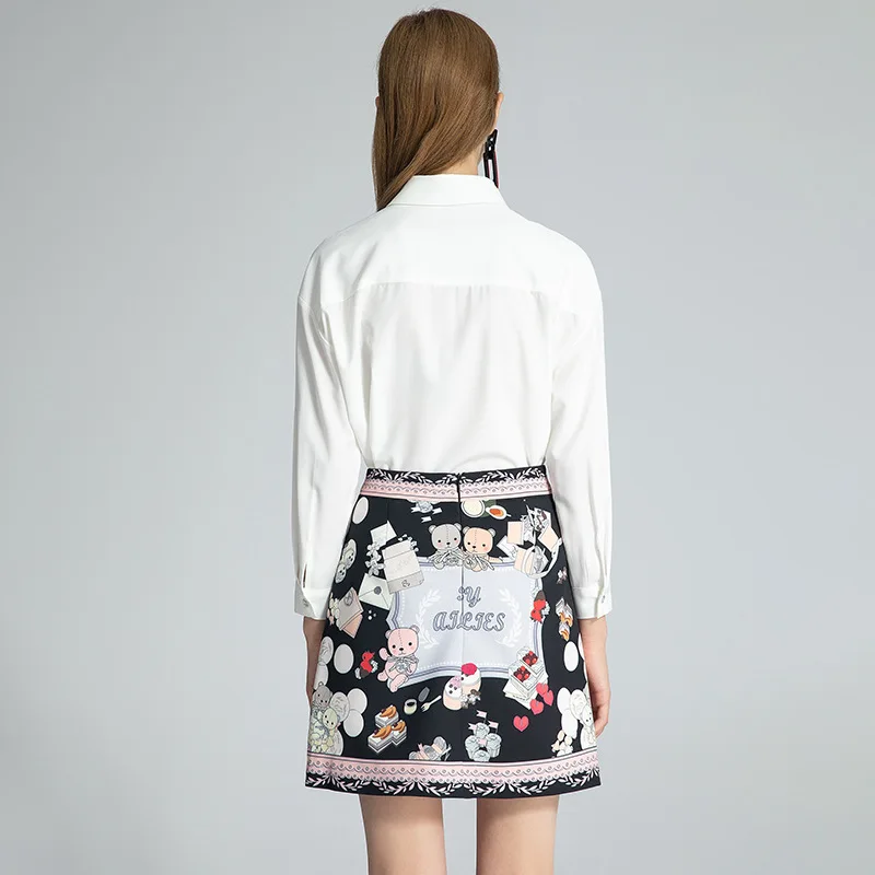 

Autumn New Sweet Elegant Women's Bear Printed Long Sleeve Lapel Shirt A- line Cartoon Short Skirt