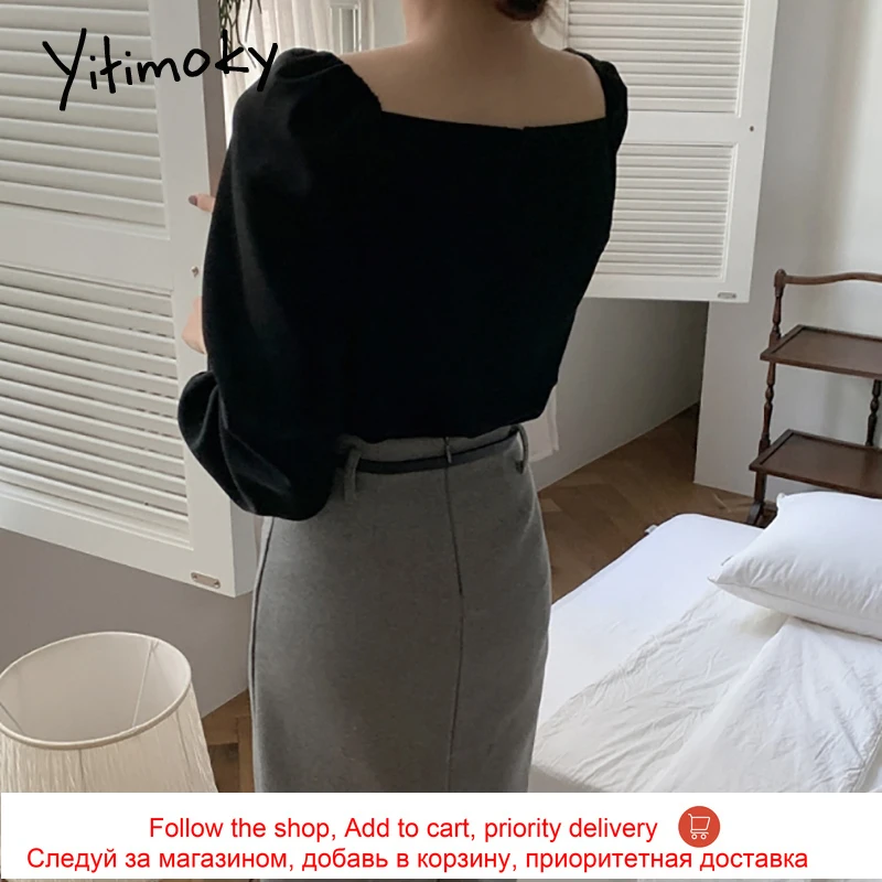 

Yitimoky Vintage Long Puff Sleeve Top Women Blouse Plus Size Korean Fashion Clothes V-Neck Casual Shirts Spring 2021 White