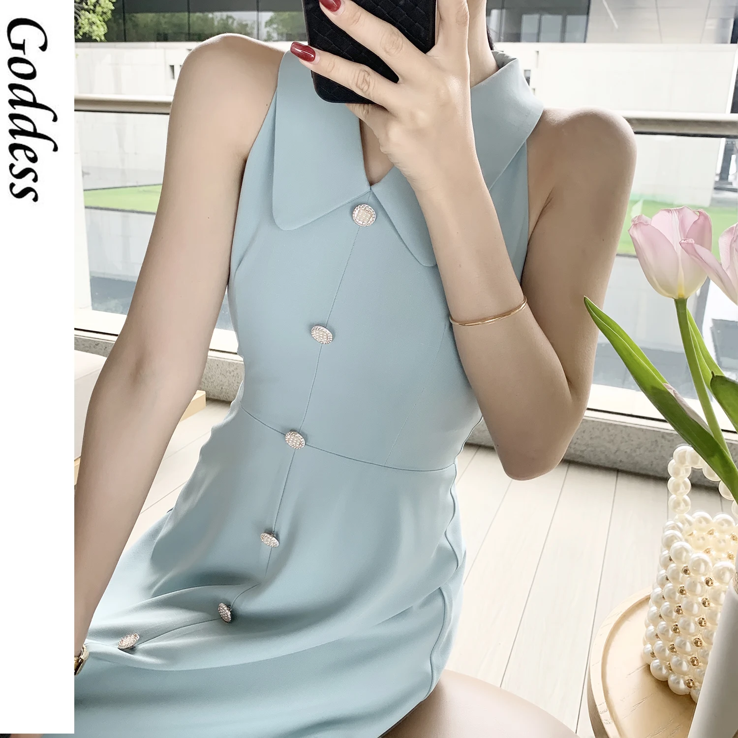 

Women Sleeveless Thin Basic Dress Chic French Elegant Midi Dress Office Ladies One Piece Dress Korean Button Design 2021 Summer