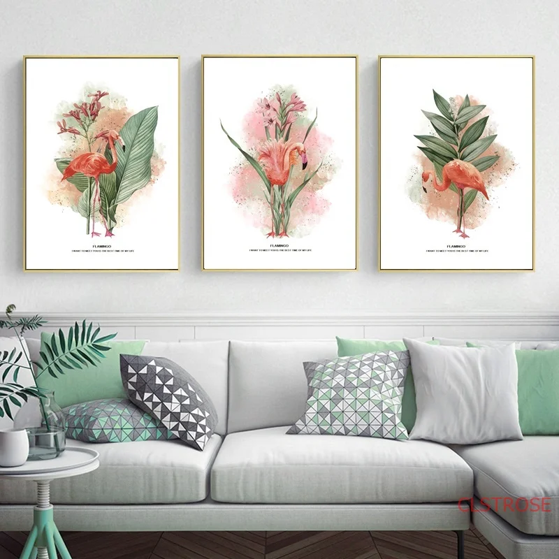 

Nordic Fresh Green Plant Poster Minimalist Animals Canvas Painting Flamingo Wall Art Pictures For Living Room Modern Home Decor