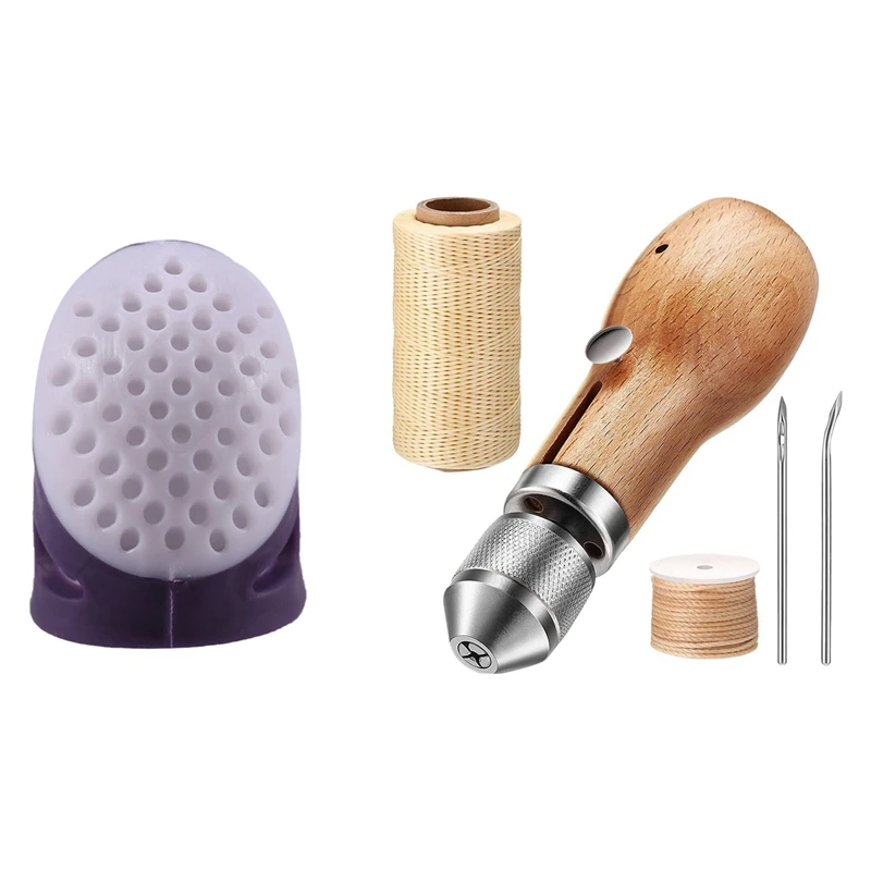 

1X бытовой инструмент для шитья «сделай сам», наперсток для защиты пальцев (большой фиолетовый) и 5 шт. швейных шил, набор для шитья кожи, шило ...