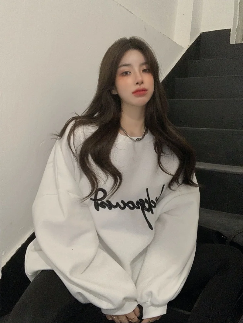 

Женский свитер с флисовой подкладкой, Белый Свободный пуловер средней длины с вышивкой, Осень-зима 2021