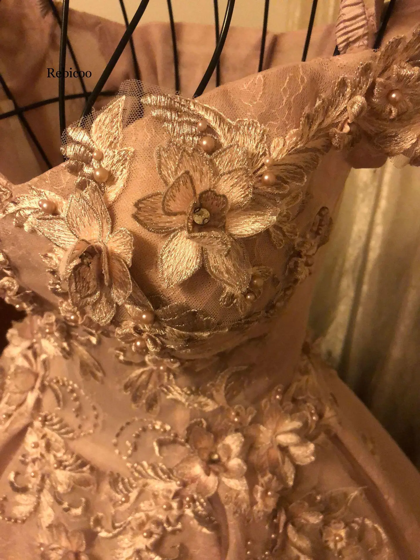 

Fairy Princess Pink Bride Light Bean Color Beading Pearls Appliques Lace Bridal Dress Vestido De Noiva